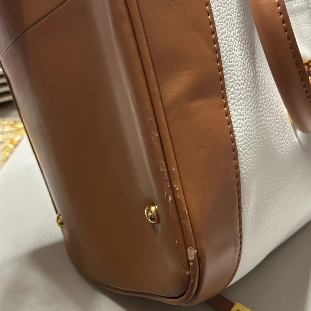Joy & Iman White and Tan Satchel with Gold Chain
